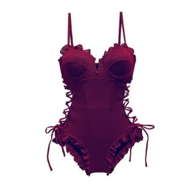 2024 New Ruffle One Piece Swimsuit Backless Swimwear Women Solid Bathing Suit Bodysuit Beach Wear Swim Suit Monokini X210