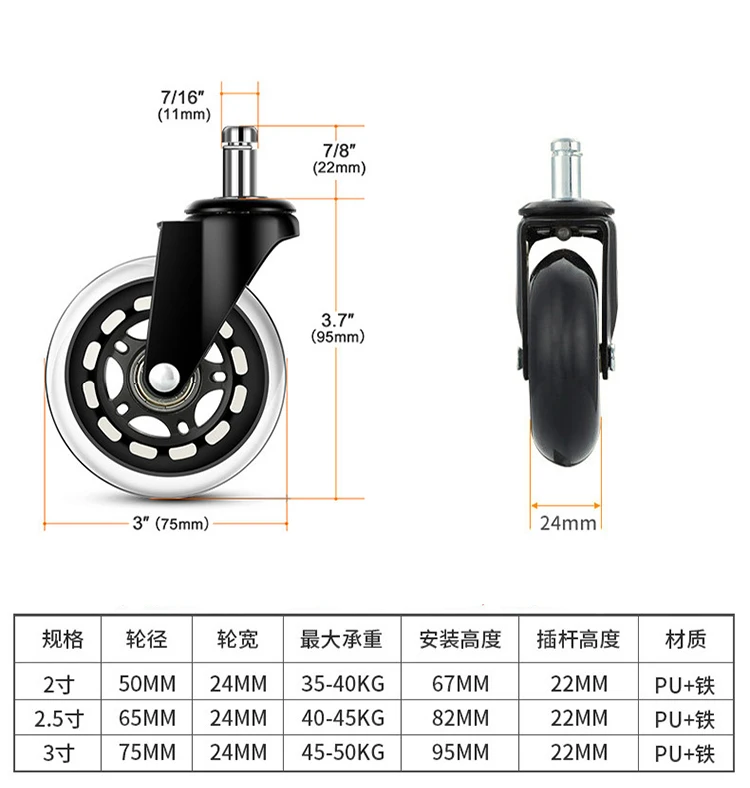 Description Picture 4 of item5pc Office Chair Replacement Caster Soft Rubber Wheels Gamer Chairs Swivel Castor Wheel Universal Roller for Furniture Household