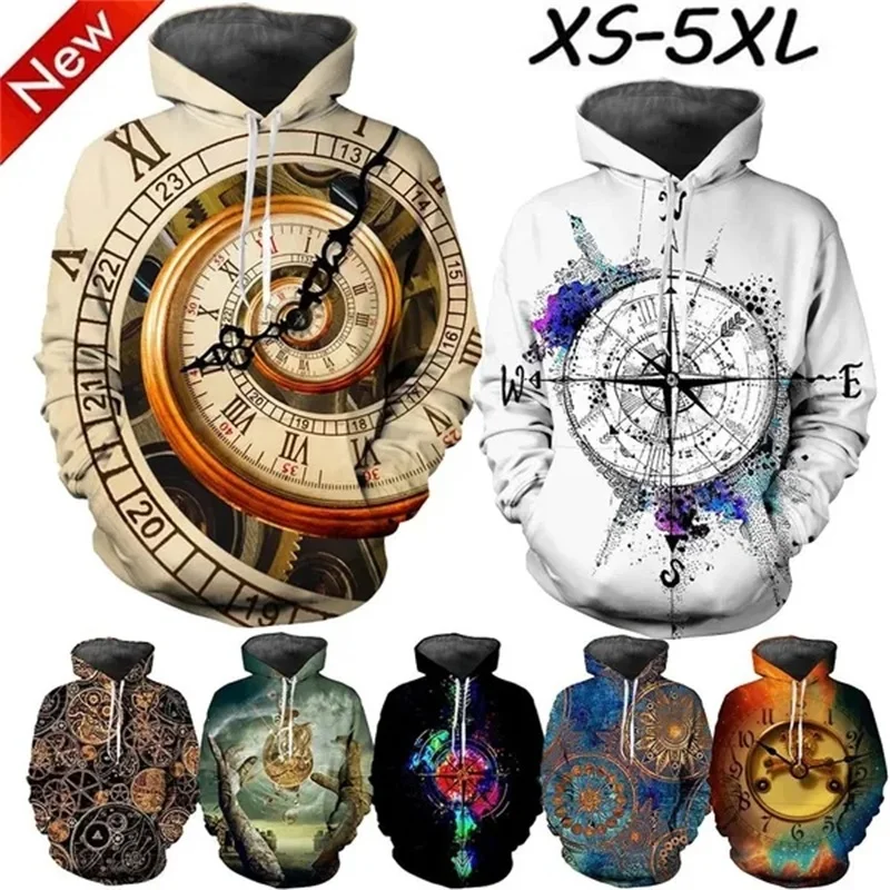 

Men's Fashion Hoodies 3d Print Vintage Compass Clock Graphic Sweatshirts Tops Oversized Pullover Hoodie Sudaderas Para Hombres