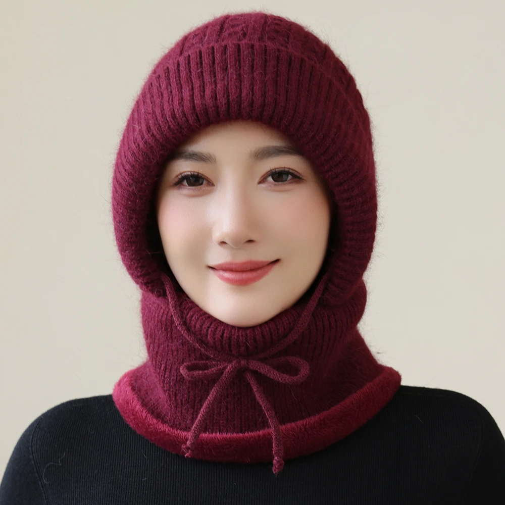 Hot Sale Winter Women Keep Warm Knitted Hat Neck Protection Beanie Cap Fur Lined Warm Hats For Women Windproof Balaclava Cap