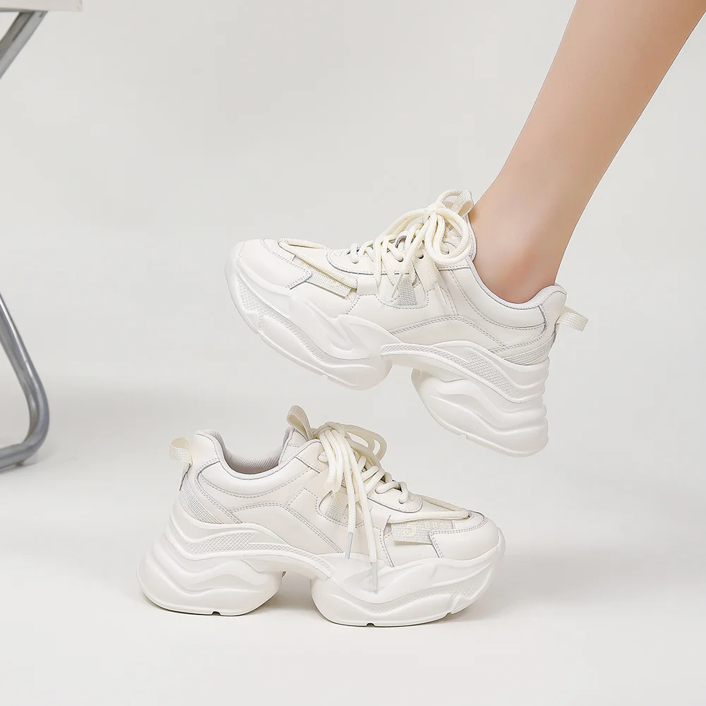 Somiliss Women Chunky Sneakers Casual Shoes Platform Sneakers Round Toe Thick Sole Lace-Up Ladies Trainers Handmade Black White