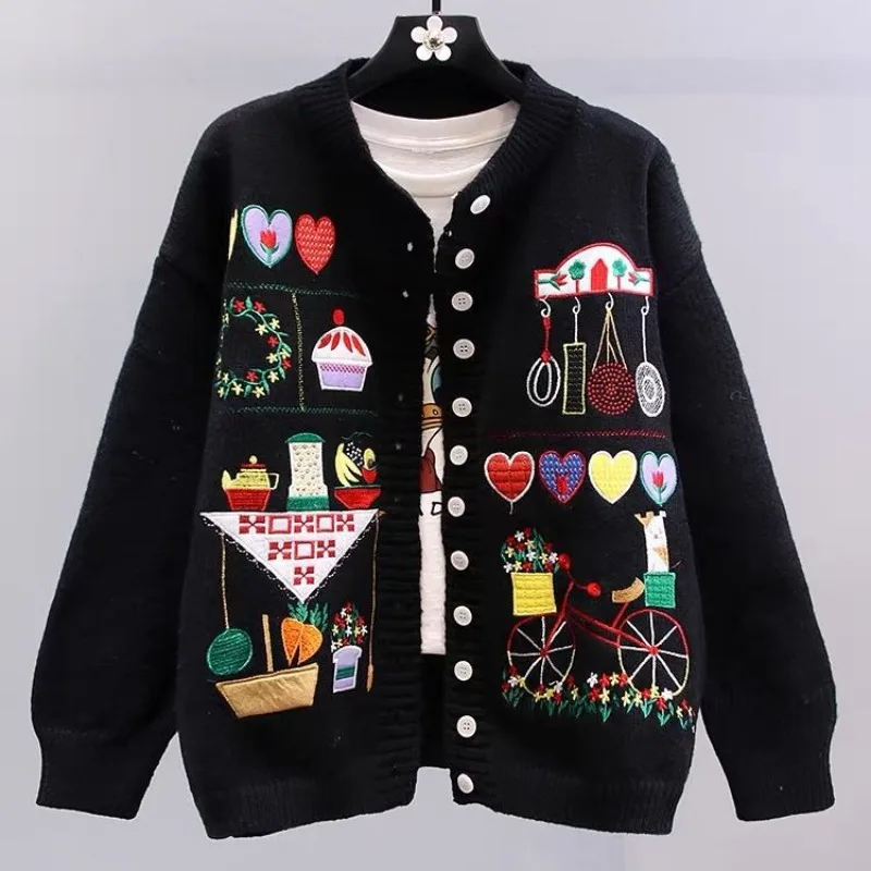 

Cartoon Vintage Embroidered Women Sweater Jacket Autumn Winter 2023 New Loose Preppy Style Age-reducing Knitted Cardigan