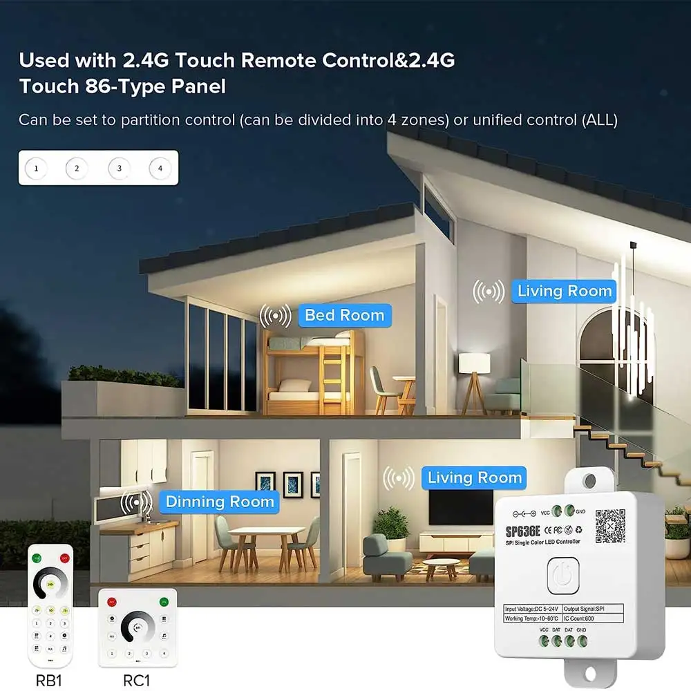 DC5-24V Bluetooth SP636E SPI Monochrome LED Controller Used For Monochrome LED Light Strips Supporting 2.4G Touch Remote Contro