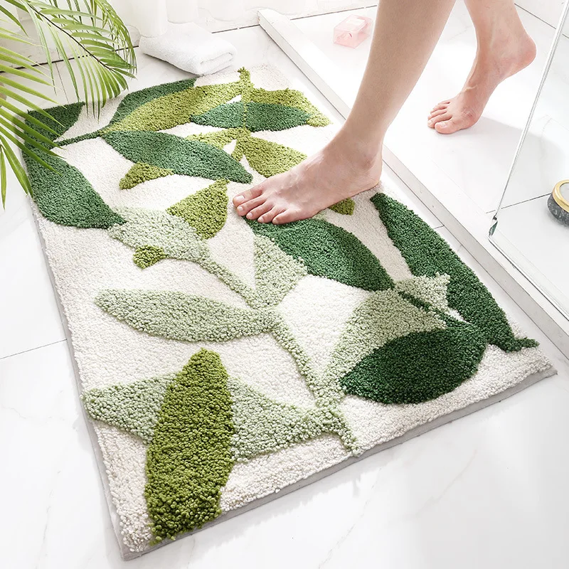 

Green Leaves Tufted Bath Mat Non-slip Absorbent Microfiber Bathroom Rug Home Entrance Doormat Super Soft Plush Carpet Tapijt