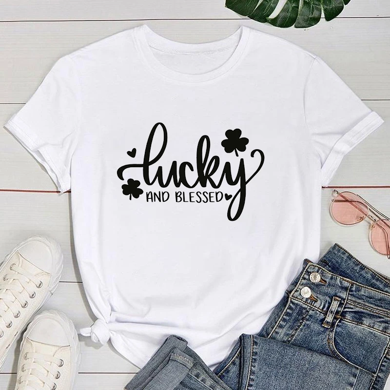 

(Premium T-shirt)Fashion St. Patrick'S Day Lucky And Blessed Print T-Shrits For Women Summer Short Sleeve Round Neck Cute Tops