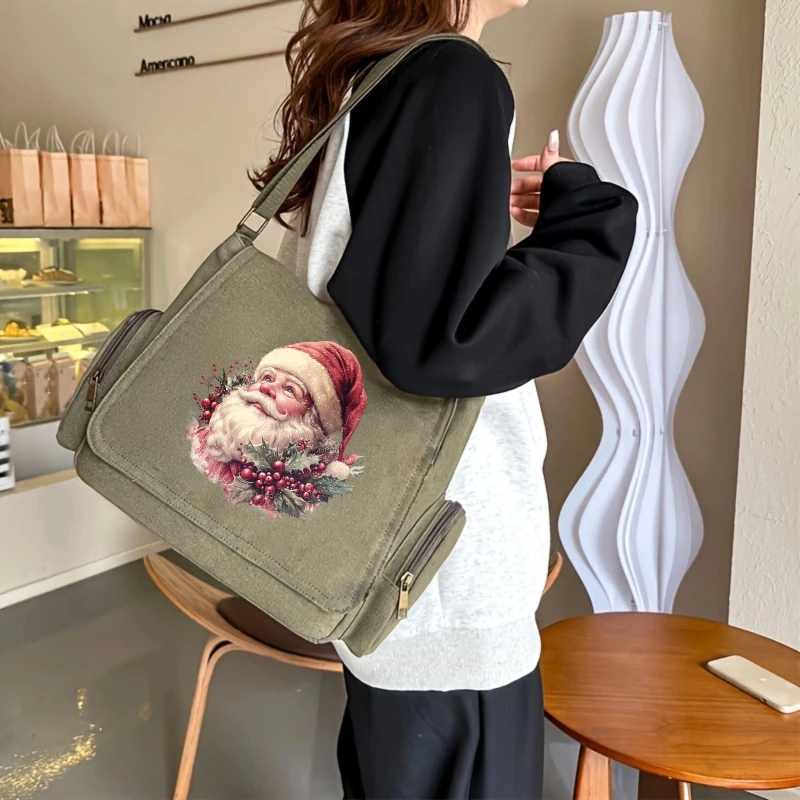 Christmas Theme Women's Shoulder Bag Multiple Pockets Retro Canvas Crossbody Bag Santa Claus Print Messenger Bag For Women Gifts