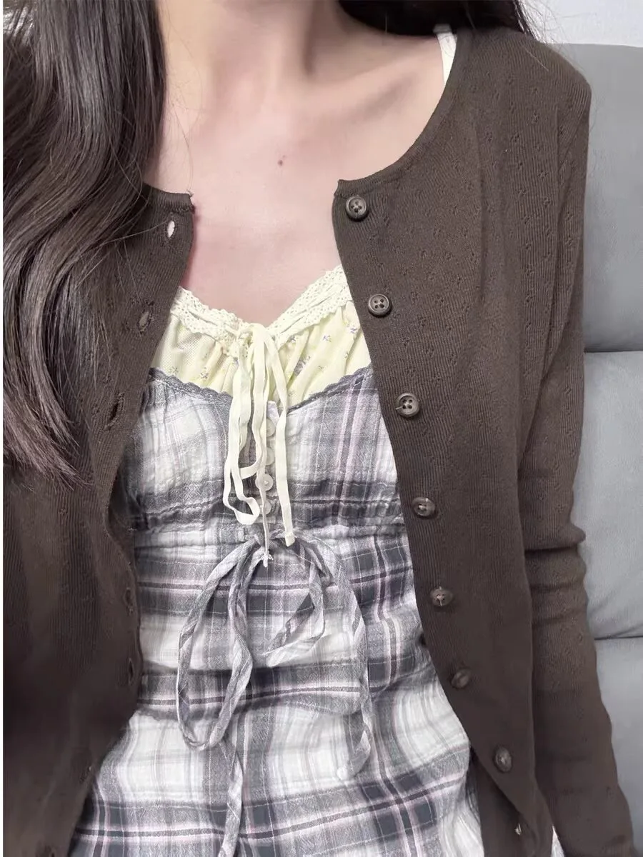 Brown Eyelet Knitted Cardigan Women Autumn New Casual Cotton Long Sleeve Sweater Coat Female Vintage Simple Basic Sweaters Tops 3