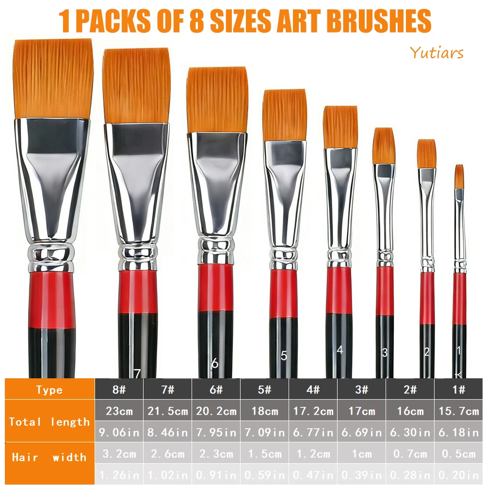 8Pcs 플랫 나일론 헤어 페인트 브러쉬 세트 수채화 아크릴 오일 구아슈 페인팅 애호가 및 초보자를 위한 내구성 있는 미술 도구