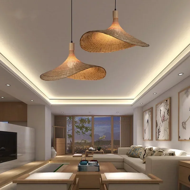 MoModern Chinese Style Bamboo Chandelier Tea Room Rattan Hand-woven Lamps Creative Straw Hat Chandelier Woven Bamboo Lamp 5