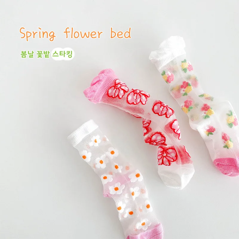 Girls Summer Socks Mesh with Cotton Transparent Socks Baby Cute Flowers Crew Sock 3 Pairs 4
