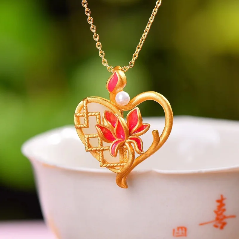 

Natural Hetian white jade flower heart necklace pendant court style Han costume accessories Vintage clavicle chain jewelry