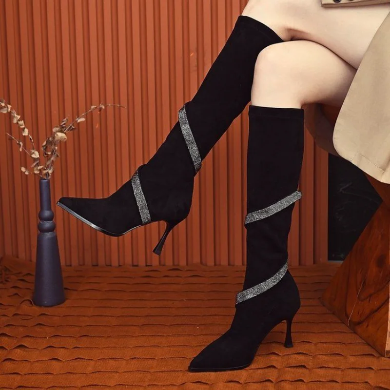 

Long Shoes for Women Pointed Toe Elastic Autumn Knee Thigh High Sock Boots Woman Winter 2023 Stiletto Heel Boot Black Pole Dance