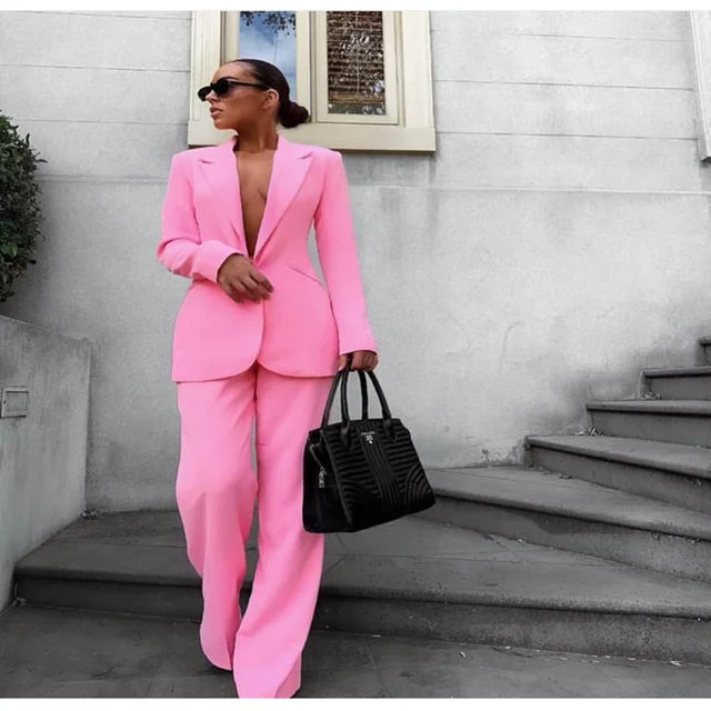 Pink Single Breasted Peak Lapel Women's Suit For Work Wide Leg Pants  Fashion Casual Plus Size Jacket Blazer Pants