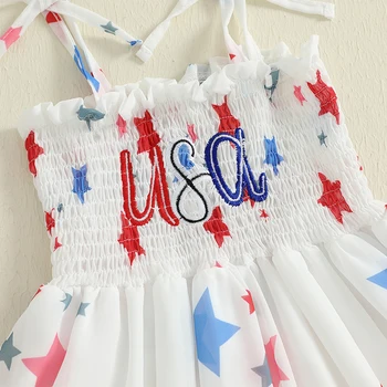 Adorable Baby Girls American Flag Dress Sleeveless Star Print Patriotic Dress with Tie-up Straps and Embroidered Letters for 2