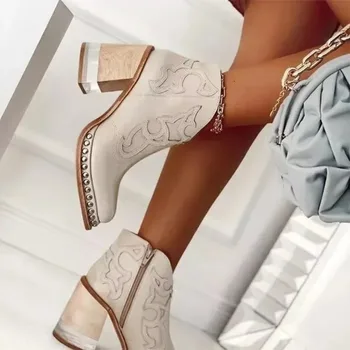 Female Ankle Boots  Leather Women's Shoes Low Heel Cool British Embroidered Design Soft Short Boots Party Ladies Footwear PU 024 1