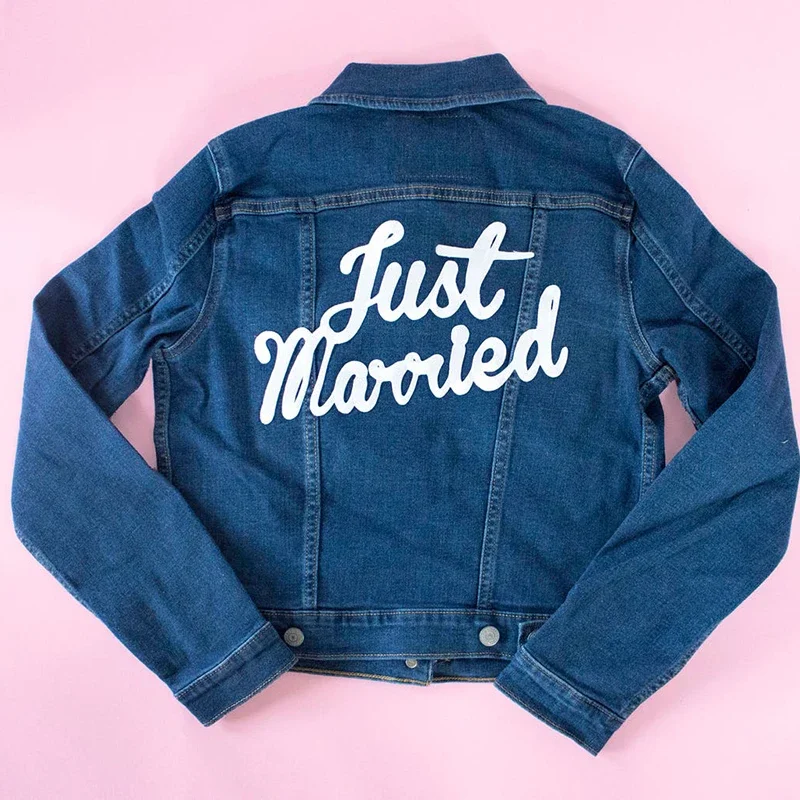 Just married bride groom denim Jacket Heat Transfer Iron on Decal