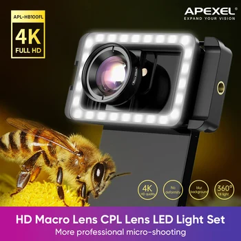 Apexel Macro Lens 4K HD Micro obiettivo portatile con luce di riempimento a LED fotografia del telefono Lente Attachment registrazione Video Vlog
