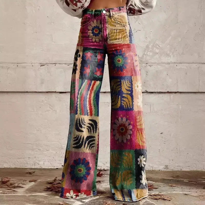 Fashion Printed Button-zip Women's Pants Elegant High Waisted Bell Bottom Pant Vintage Floral Printed Versatile Casual Fly Pants 5