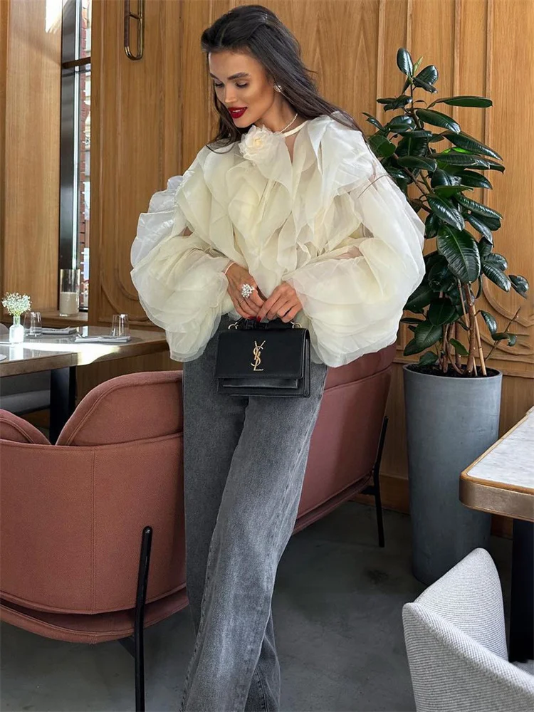 Patchwork Ruffled White Shirts Fashion Elegant For Women High Waist Long Sleeve Casual Streetwear Ladies Blouse Top