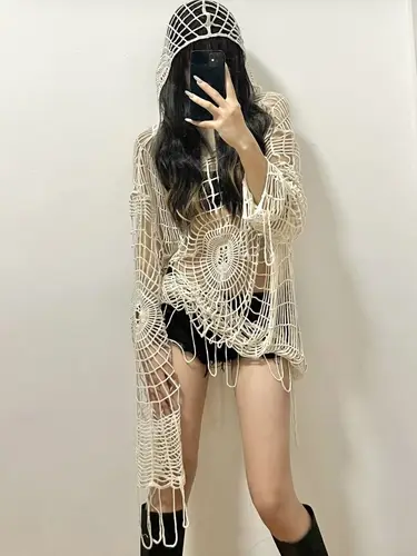 할로우 니트 후드 탑 Y2k 의류 스파이더웹 스파이스 걸 메쉬 풀오버, 얇은 여성 한국 패션 낚시 그물 스웨터 고딕 2