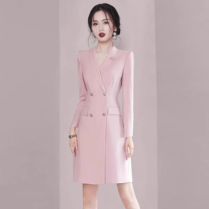 

New Autumn Pink Ladies Office Blazer Dress High Quality Fashion Women Double-Breasted Notched Collar Slim Work Bodycon Clothing