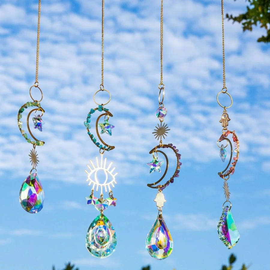 

Natural crystal moon star sun catcher wind chimes hanging for home garden decor natural stone crystal hanging ornament