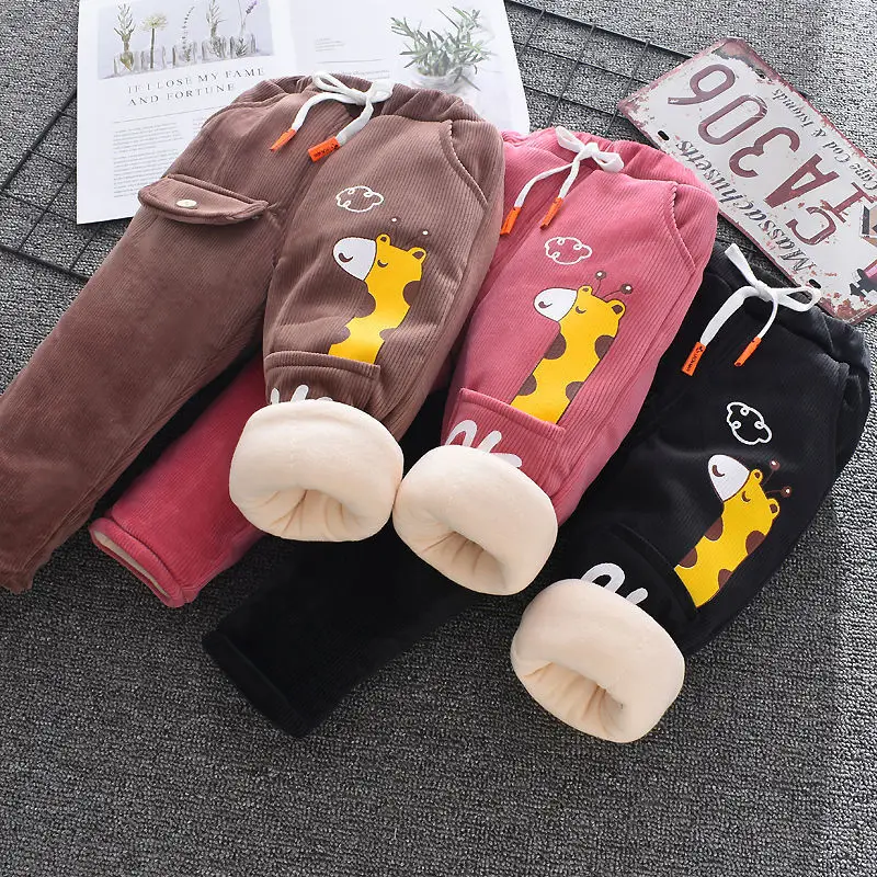 Winter Kids Fleece Pant 0-7Y Children Clothing Autumn Baby Girl Plus Velvet Leggings Boys Embroidery Cartoon Thick Warm Trousers girls pants boys pants kids pants