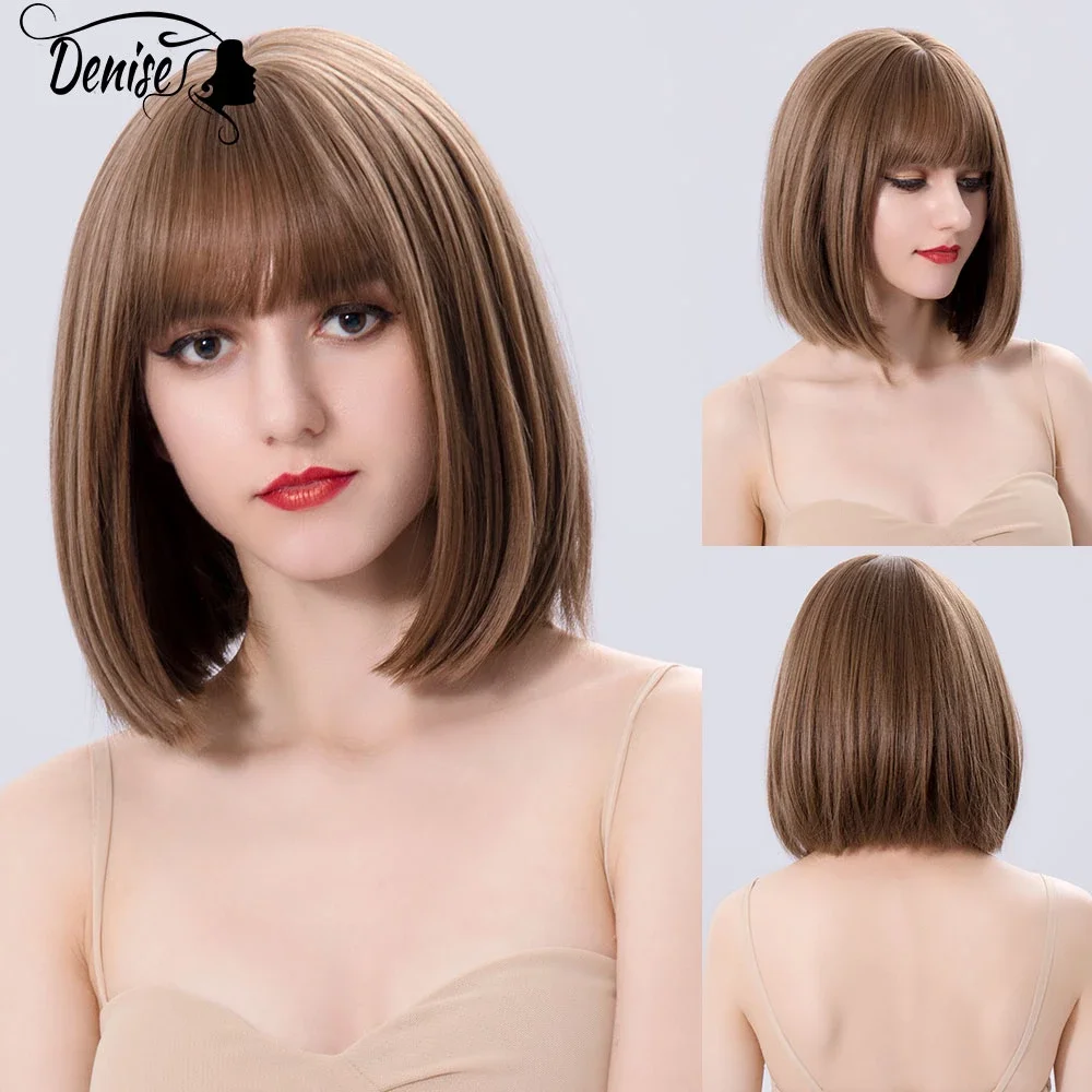 

Brown Short Bob Straight Synthetic Wigs For White Women With Bangs Nutural Heat Resistant Cosplay Lolita 12 INCH Daily Hair