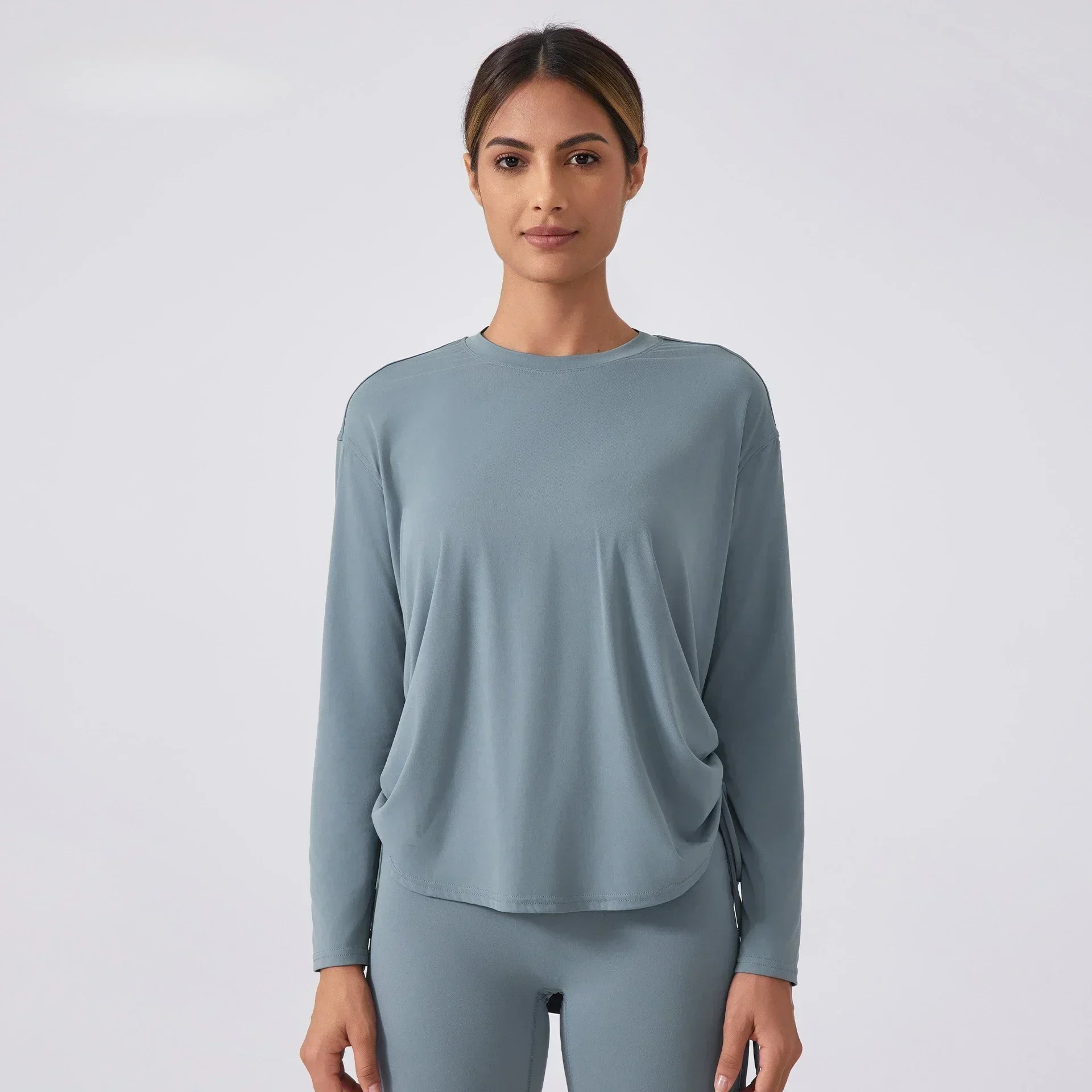 Lemon Breathable Quick-drying Yoga Tops Drawstring Pleated TEE Loose Comfortable Round Neck Outdoor Sports Long-sleeved Shirt 4
