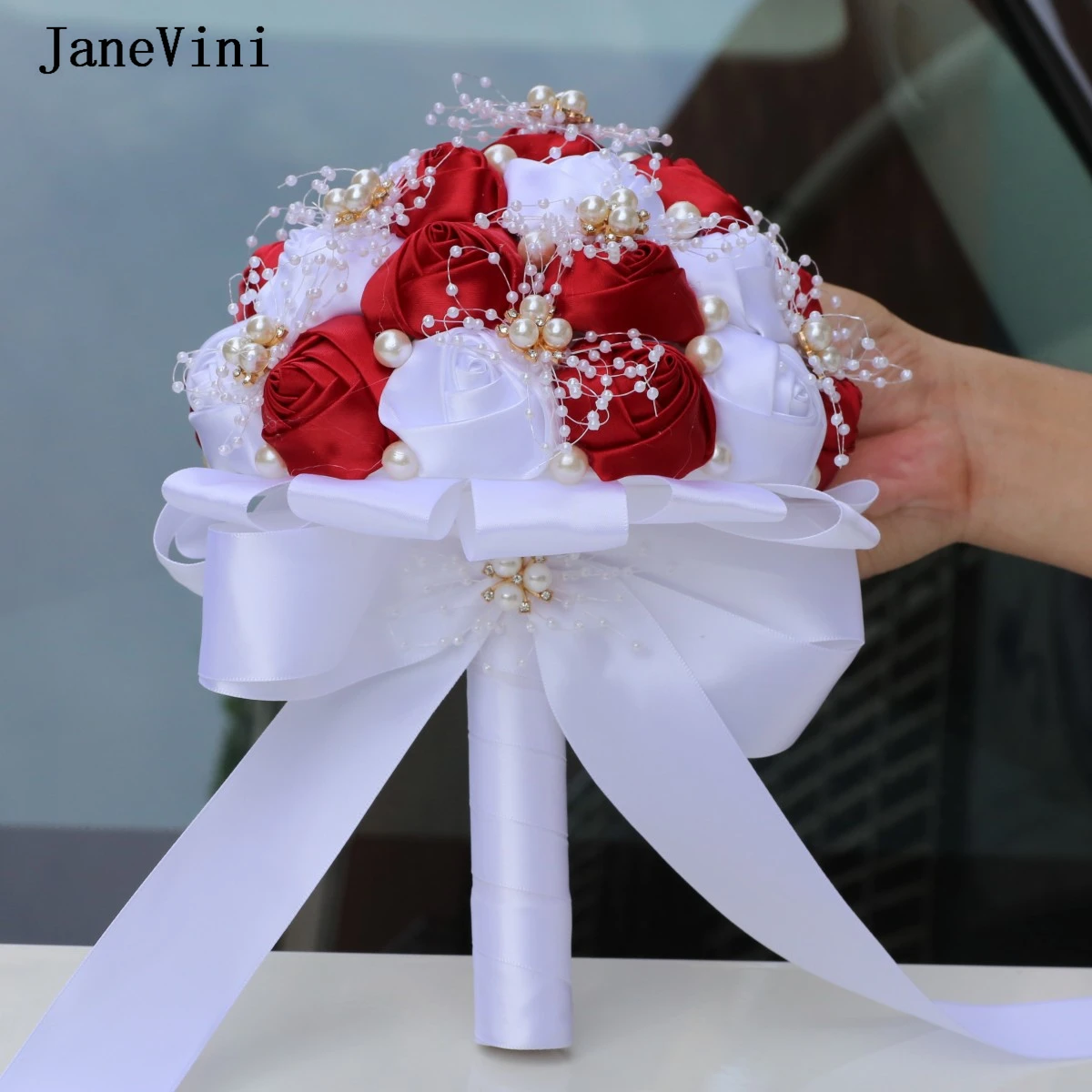 JaneVini Elegant Burgundy White Ribbon Flowers Western Bridal Bouquets Pearls Artificial Satin Roses Wedding Bouquet for Bride