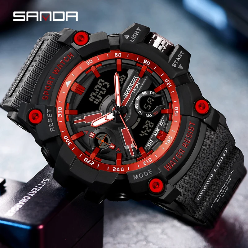 SANDA Digital Mens Military Watch 50M Waterproof Watch Dual Display Quartz Sports Watch For Men Luminous Relogio Masculino 3179