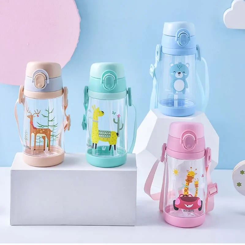 420/500ml Cute Cartoon Animal Print Baby Drink Cup With Straw Baby Feeding Cups Children Outdoor Drinking Bottle