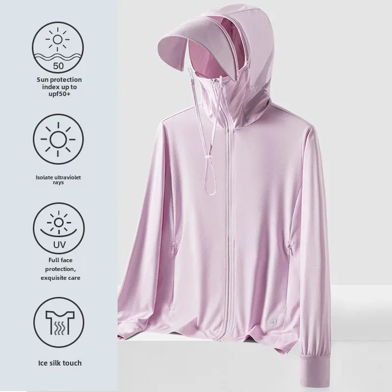thumbnail image 1 of Chaleco de manga larga transpirable de seda de hielo para mujer, protector solar, gorra desmontable, chaqueta con protección UV para hombre, verano 2024, 1 of 5