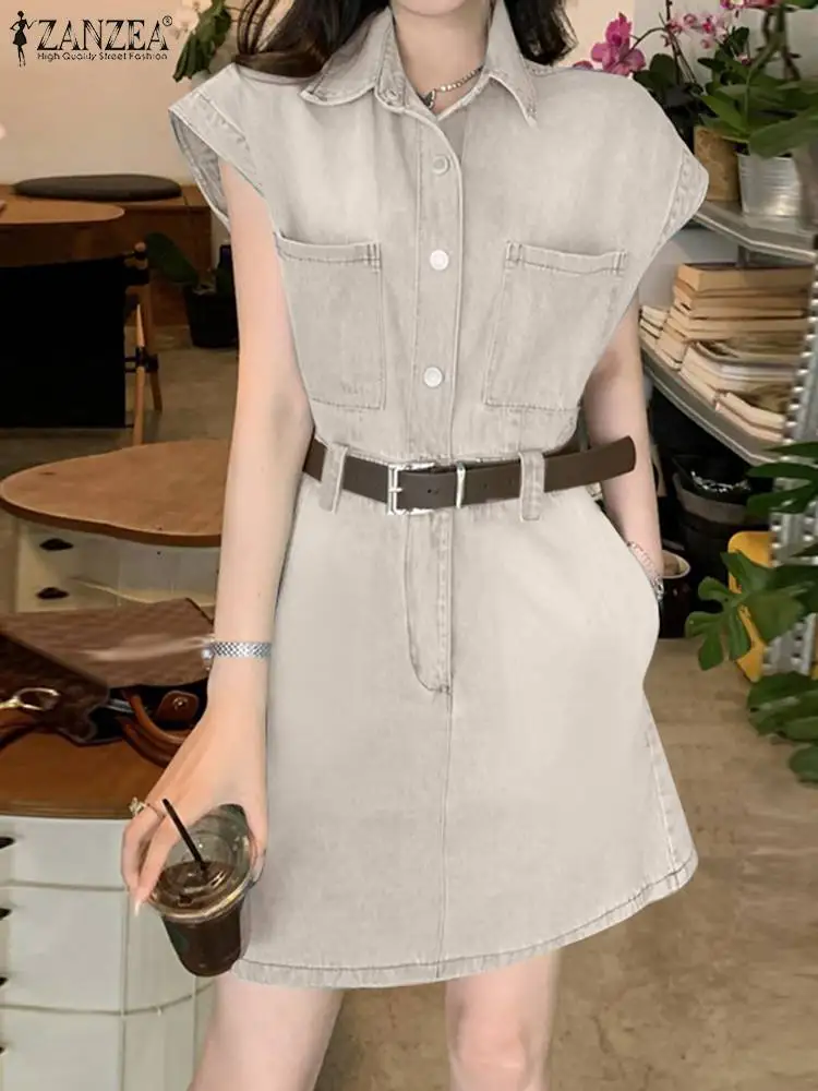 

ZANZEA Vintage Sleeveless Dresses Causal Cargo Mini Dress Fashion Lapel Shirt Sundress Women 2024 Summer Waisted Pockets Robes