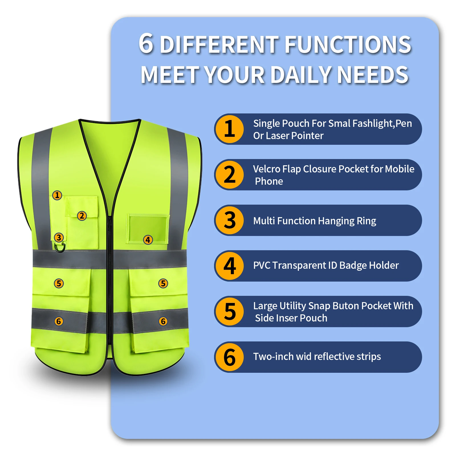Safety Vest, High Visibility Reflective Vest with 5 Pockets Front for Men/Women, Meets ANSI/ISEA Standards