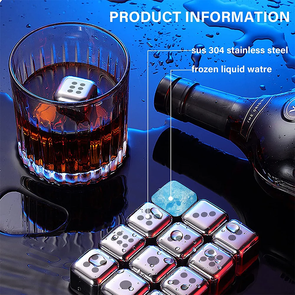 Stainless Steel Dice Ice Cube Whiskey Stones Reusable Ice Cubes for Freezer Storage Tray Metal Wine Drinks Cooler with Clips