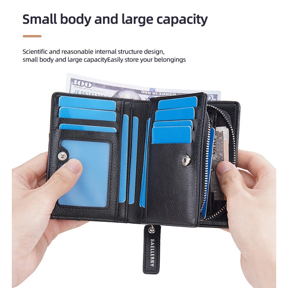 Baellerry Men's PU Wallet, Small & Large Capacity, 10 Slots + Transparent Clamp, Durable Lining, Easy Access Design