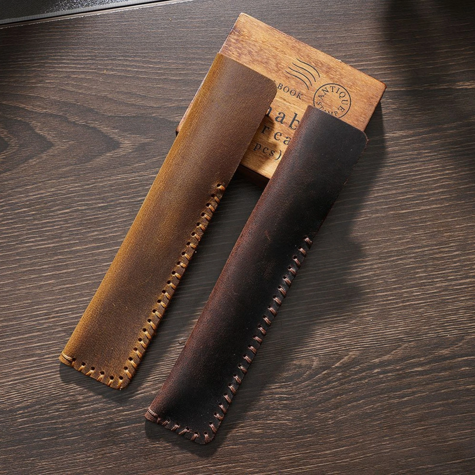 Handmade Genuine Leather Retro Cowhide Single Pencil Case Pen Holder Bag Pens Organizer Pouch Accessories for School Office 5