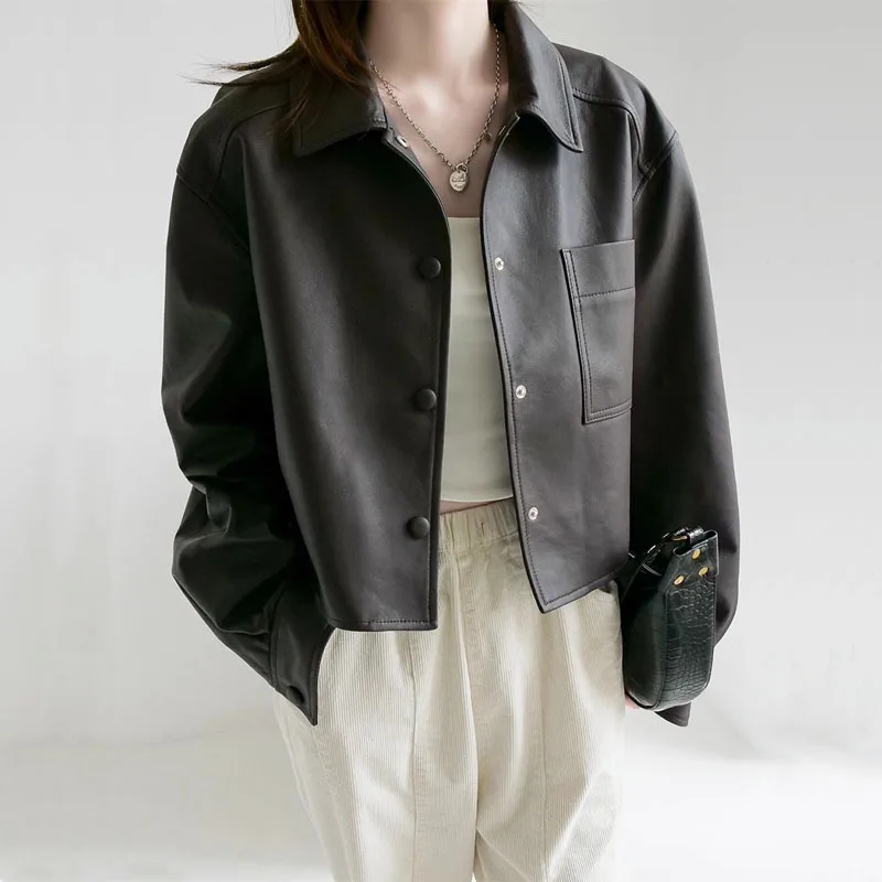 

Vintage PU Leather Jacket Women High Street Techwear Oversized Moto Biker Coats Femme BF Punk Loose Casual Cropped Outerwear