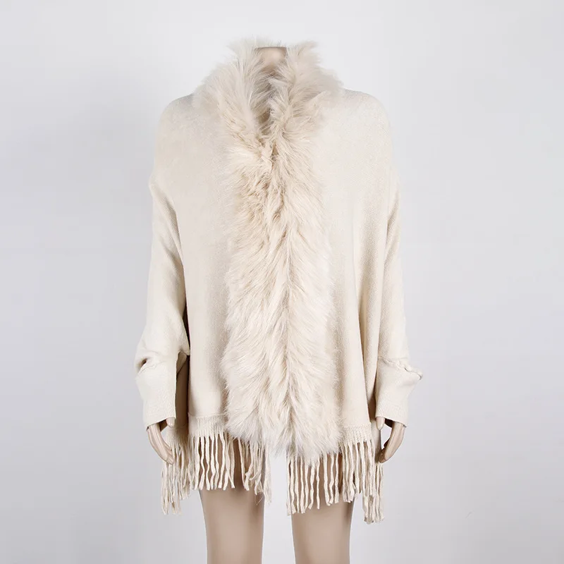 2022 Autumn and Winter New Fringed Cloak Cape Slim Women's Fashion Elegant Solid Color Thick Fur Collar Cardigan Warm Fur Cape