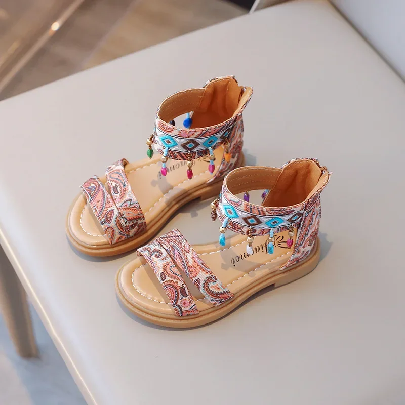 

Children's Summer Sandals Retro Bohemia Style Girl Princess Shoes Fashion Causal Tassel Kids Open-toe Beach Roman Sandals Zip