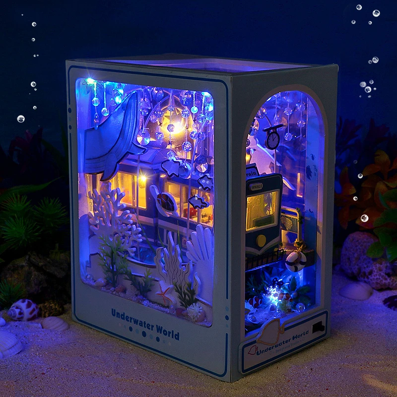 DIY Wooden Book Nook Shelf Insert Kit Ocean Room Doll Houses Underwater House Bookends Miniature Building Kits Bookshelf Gifts 3