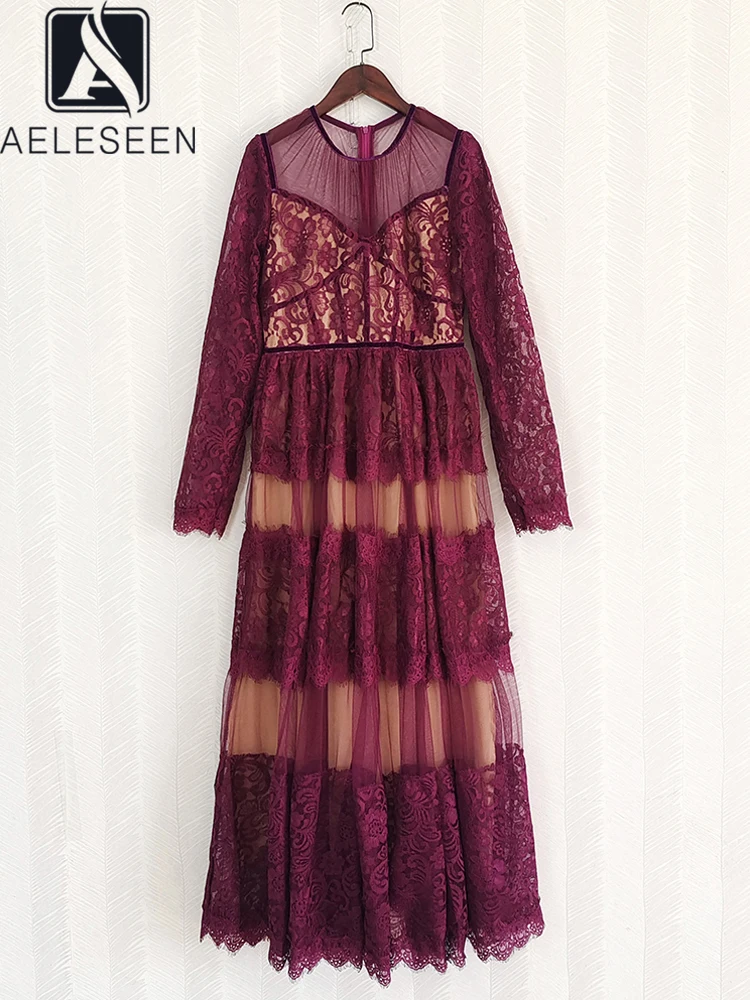 

AELESEEN Designer Fashion Lace Dress Women Autumne New Patchwork Mesh Black Deep Red Cascading Elegant Maxi Party Long