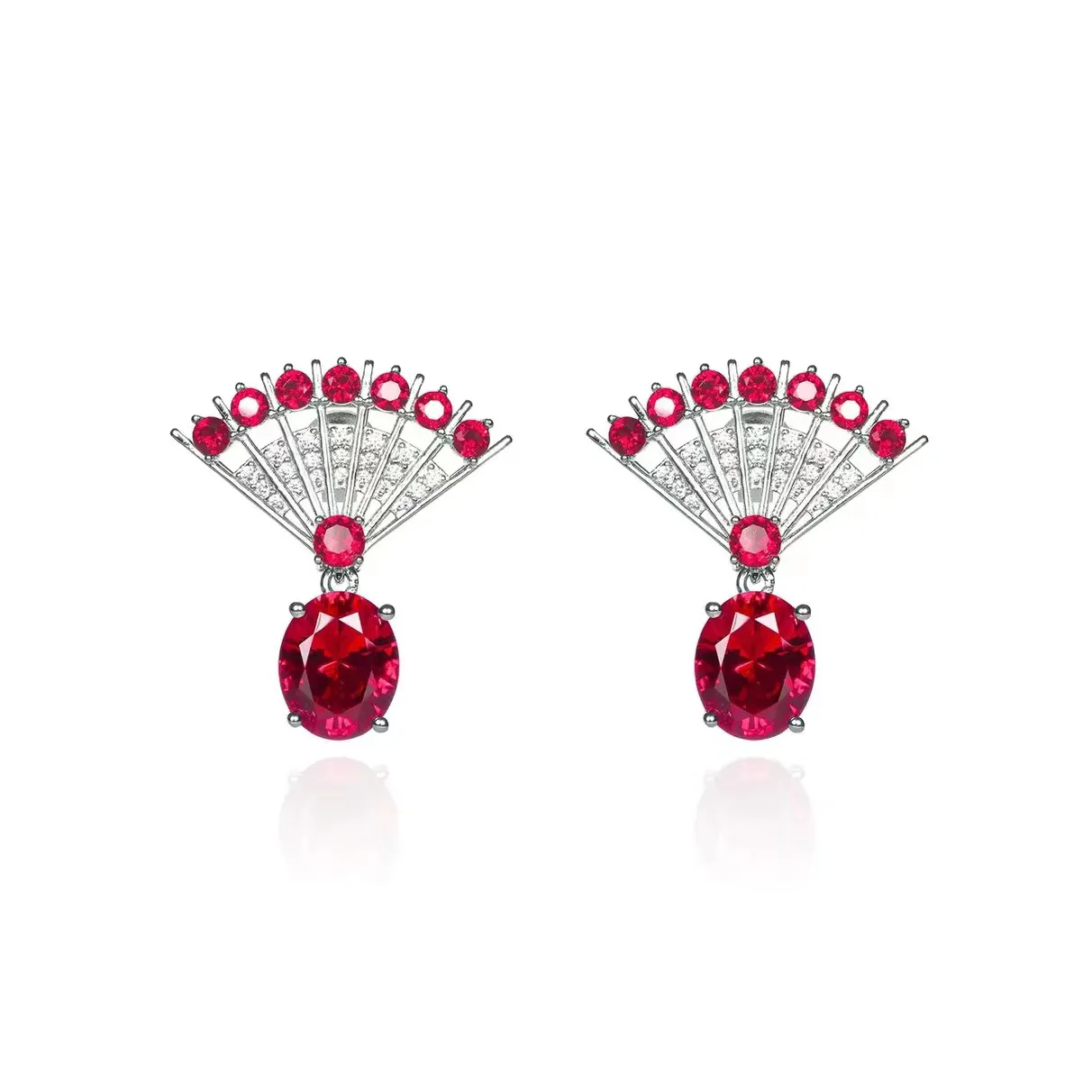 

Luxury High Quality Artificial Oval Ruby Earrings For Women Elegant Fan-shaped 925 Silver Needle Drop Earring Charming Jewelry