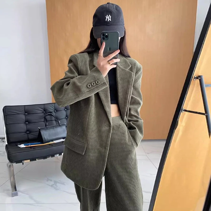 Women's Winter British Style Short Corduroy Blazer Wide Pants Set Retro Casual Solid Color Loose Fitting Suit Pant Two-piece Set