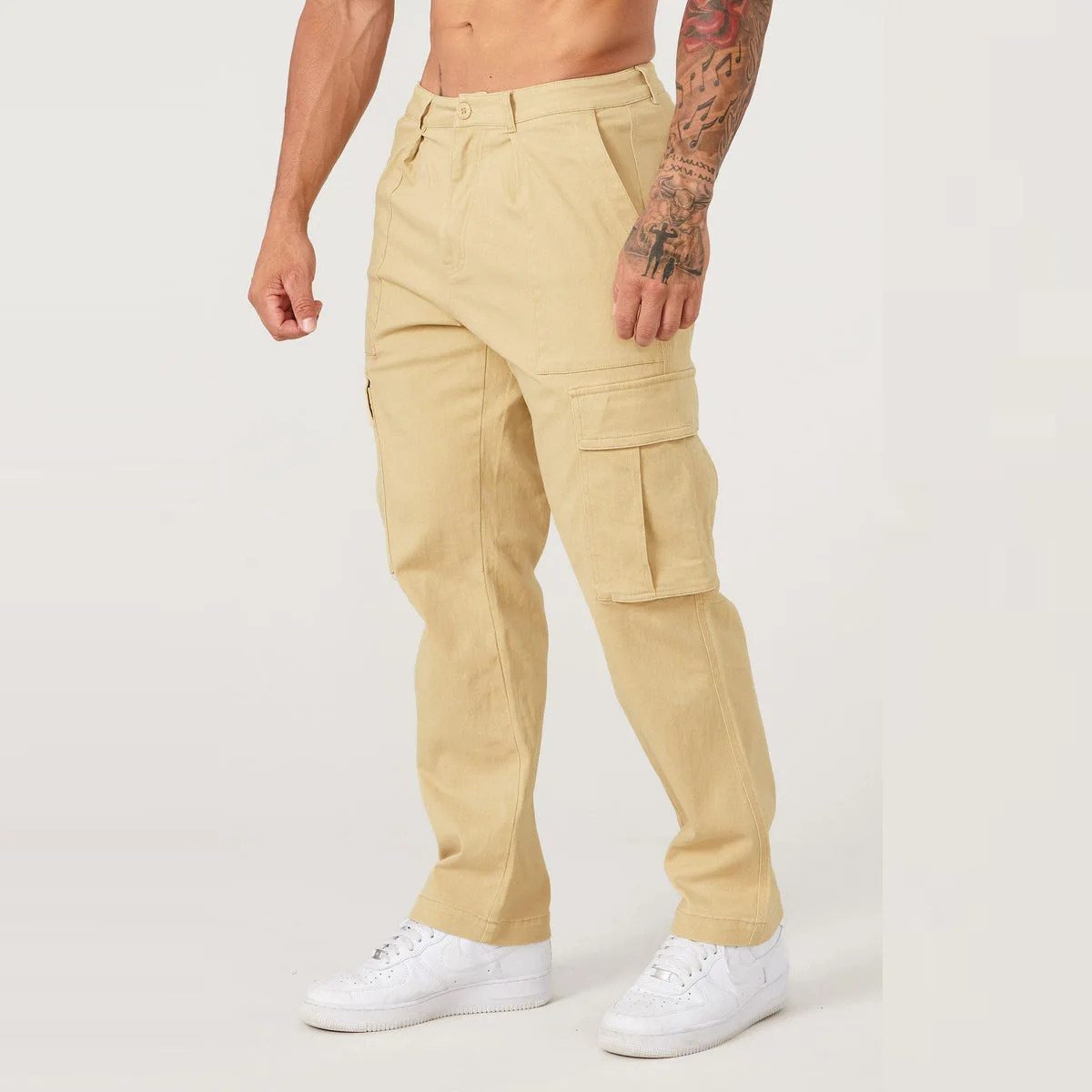 Men Khaki Wide Leg Pants Summer Male Button Pocket Loose