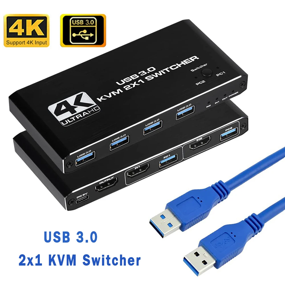 

Квм-переключатель 4K USB, коммутатор USB 3,0, KVM-переключатель, совместимый с HDMI, 2 в 1 выход для двух ПК, совместного использования клавиатуры и мыши, EDID / HDCP принтера