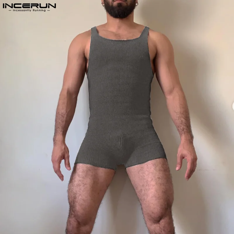 

INCERUN Men Bodysuits Solid Color O-neck Sleeveless Fitness Rompers Homewear Men 2024 Sexy Fashion Casual Male Playsuits S-3XL