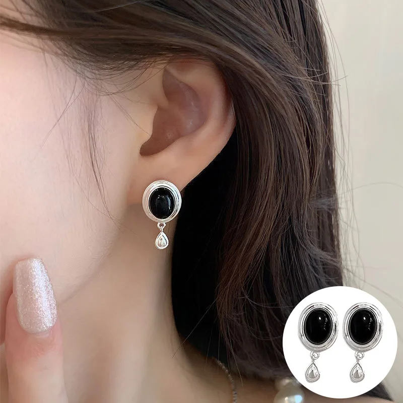 

100% 925 Sterling Silver Agate Water Drop Earrings for Women Girl Vintage Geometric Design Jewelry Party Gift Dropshipping