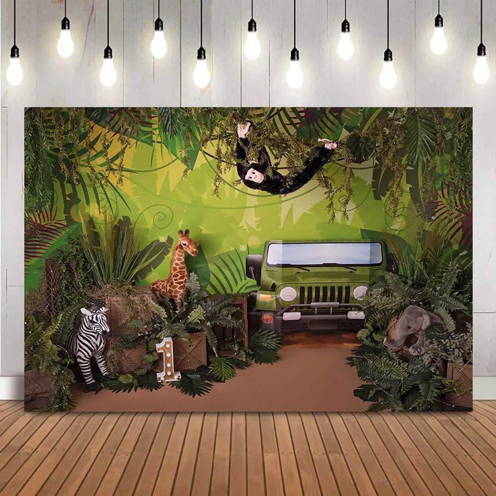 Animali Selvatici Safari Party Sfondo Woodland Kids One Birthday Background Green Jungle Forest Cake Smash Photography Photo Shoot